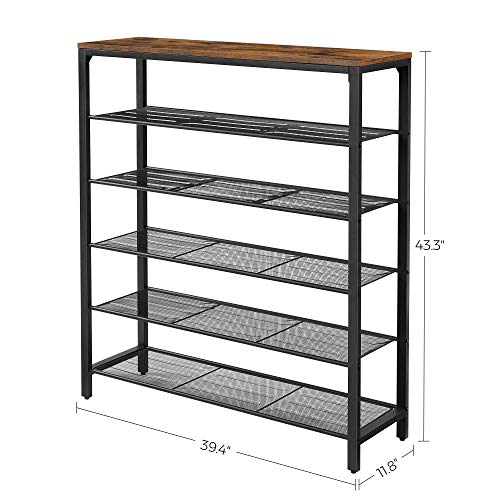 VASAGLE 6-Tier Shoe Rack, Shoe Organizer for Closet, Entryway, 24-30 Pairs of Shoes, Large Shoe Rack Organizer with 5 Metal Mesh Shelves, 11.8 x 39.4 x 43.3 Inches, Rustic Brown and Black ULBS016B01 - color: Rustic Brown, size: 6 Tiers (39.4"W)