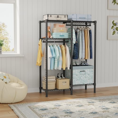 Ulif F1 Garment Rack for Kids, Baby, Students, and Children's Room, 4 Tiers Freestanding and Portable Heavy Duty Closets, Small Metal Clothes Rack with 2 Hanging Rod, 31.2" W x 11.8" D x 48" H, Black - color: Black
