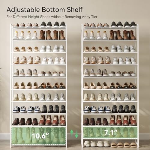 Nunsino Shoe Rack for Closet, Metal Shoe Organizer, 10 Tier Garage Shoe Rack Max Holds 50 Pairs,Shoe Storage Shelf,Entryway,White - color: White, size: 10 Tier