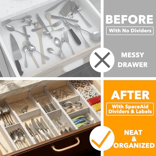 SpaceAid Bamboo Drawer Dividers with Inserts and Labels, Kitchen Adjustable Drawer Organizers, Expandable Organization for Home, Office, Dressers, 7 Dividers with 15 Inserts (17"-22" White) - color: WHITE, size: 2.35''H, 17''-22''L, 7 Dividers