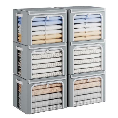 Yecaye Clothes Storage Bins with Metal Frame, Foldable Clothing Storage Bin with Lid, Stackable Oxford Fabric Organizer Box With Clear Window & Zippers & PU Leather Handles (6 Pack,Grey,40L) - color: Grey, size: Medium(6 Pack)