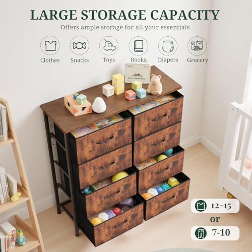8-Drawer Dresser for Bedroom, Anti-Tip Tall Storage Organizer Chest of Drawers with Wooden Top and Metal Frame Fabric Bins for Closet, Living Room, Hallway, Entryway, Brown - color: Brown, size: 11.8"D x 31.4"W x 36.3"H (8 Drawers)