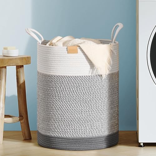 Nunsino Laundry Hamper 62L,Large Laundry Basket for Clothes,Decorative Storage Basket for Blankets,Cotton Rope Woven basket for bedroom,Grey White - color: Grey&White, size: 62L/16.3Gal