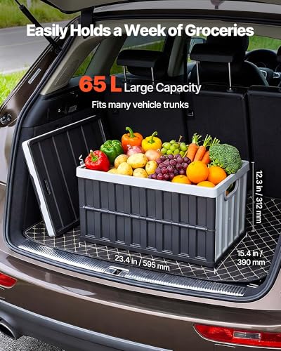 VEVOR Plastic Collapsible Storage Bins with Lids, 65L 2 Packs, Stackable Folding Storage Crates with Handles, Holds 84 lbs Per Bin, Heavy Duty Containers, Space-Saving Baskets, for Home Organizing - size: 65L-Grey-2PC