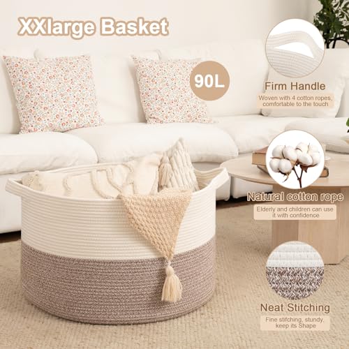 OIAHOMY 90L XXXLarge Blanket Basket for Living Room, 21.7" x 13.8" Woven Cotton Rope Laundry Basket for Organizing Pillows, Decorative Stuffed Animal Toy Storage Bin for Nursery, White and Linen Brown - color: White and Linen Brown, size: 21.7"D x 13.8"H