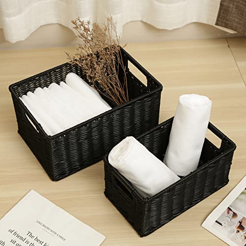 HOONEX Wicker Baskets for Storage, Plastic Baskets for Organizing with Dual Handles, Woven Baskets for Storage, Set of 2, Black - color: Black, size: 12 x 8 x 6 inches
