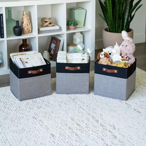 OrganiHaus 12" x 12" x 12" Fabric Storage Bins - Set of 4, Cube Canvas Organizer Bins with Vegan Handles, Kallax Storage Cubes, Cubbies Organizer Boxes, 12 Inch Cubic Baskets for Shelves - Grey/Black - color: Gray Base / Black, size: (12x12) Leather Handl
