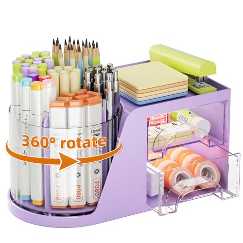 Marbrasse Desk Organizer with 2 Drawer, 360°Rotating Pen Holder, Desk Organizers and Accessories with 6 Slots Pencil Holder + 2 Drawer, Art Supply Storage Box Caddy for Office (Purple) - color: Purple