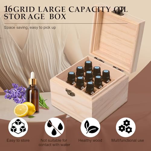 Pure Vie Wooden Essential Oil Storage Box Travel Organizer Case with Bottle Cap Label - Aromatherapy Nail Polish Fragrance Container, Holds 16 Bottle for 5-10ml - Keep Scented Oil Safe & Space Saver