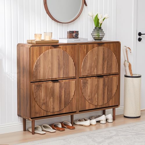 Shoe Cabinet Storage for Entryway, Fluted Shoe Cabinet with 4 Flip Drawers, Mid-Century Modern Hidden Shoe Rack, Freestanding Shoe Storage Organizer for Hallway, Living Room, Foyer, Walnut - color: Walnut-4 Flip Drawers