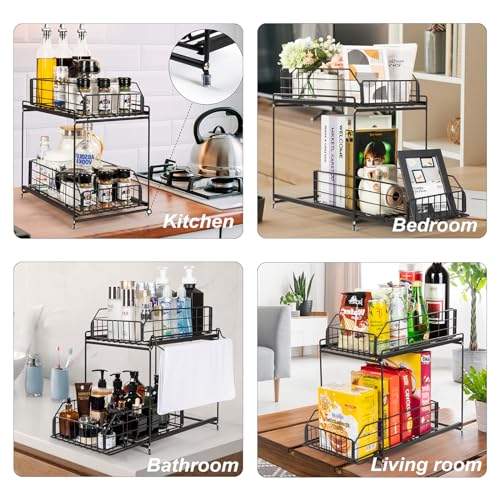 SUEH DESIGN Under Sink Organizer, 2 Tier Bathroom Cabinet Organizer Metal Kitchen Sink Organzier with Hanging Rail for Kitchen Bathroom Organization and Storage, 1 Pack - size: 10.3"W x 15.6"H Wider 1 Pack