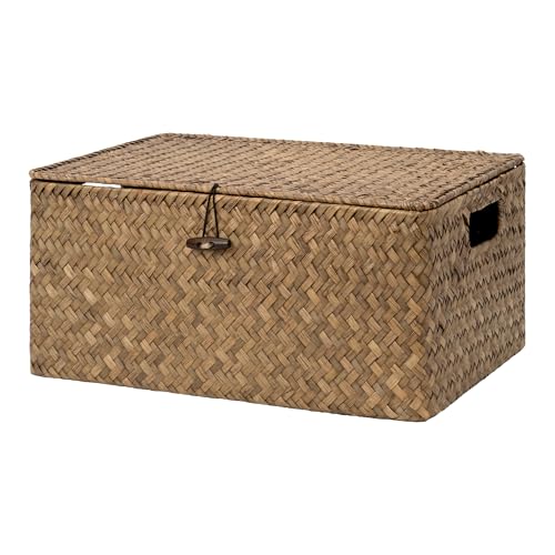 StorageWorks Wicker Baskets with Lid for Organizing, Seagrass Storage Baskets for Shelves, Decorative Box with Built-in Handles, Brown, Large, 1 Pack - color: Brown(Seagrass), size: 15"L × 11"W × 7"H