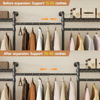 Wall Mounted Garment Rack, Walk-in Closet System with Expandable Rods, Adjustable Shelves, Industrial Pipe Clothing Racks, Hanging Clothes Organizers and Storage, Metal Closet Shelving Wardrobe - color: Black