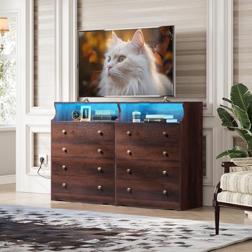 WLIVE LED Dresser for Bedroom, Tall Wood Dresser with 4 Drawers and Open Shelf, Chest of Drawers with Power Outlet for Living Room, Hallway, Closet, Rustic Brown - color: Brown, size: 4 Drawers