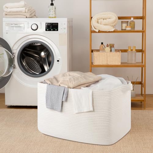 95L Cotton Rope Large Blanket Basket (24" x 16.9" x 14.2") for Living Room, Kids Room & Laundry, Storage Basket with Handle for Organizing Blankets, Pillows, Clothes & Toys, White - color: White, size: 24"x16.9"x14.2"