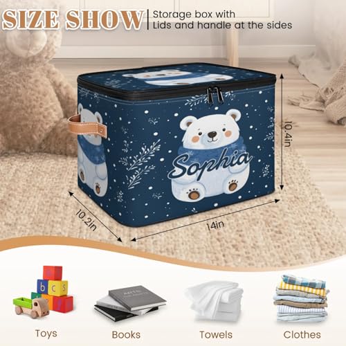 Custom Storage Basket with Name, Personalized Storage Bins with Zipper Lid, Foldable Fabric Storage Box Large capacity with Handle Snowflake White Bear - color: Option 1