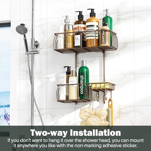 Epicano Shower Caddy Hanging, Anti-Swing Over Head Shower Caddy Rustproof with hooks for Towels, Sponge and more, Bronze - color: Bronze
