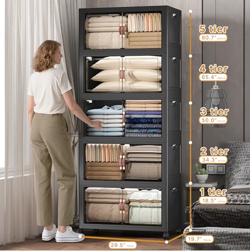 UAMFURI Extra Large Stackable Storage Bins with Lids & Wheels, Foldable Plastic Storage Bins (1, Black, 30"×20"×80"，840QT) - color: Black, size: 5PACK-30"W20"D80"H