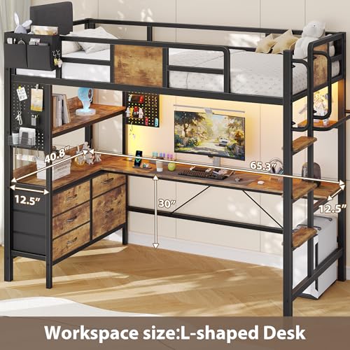 Dnxao Loft Bed Twin Size with L-Shaped Desk,Heavy Duty Metal Loft Bed for Adults Teens, 5 Storage Drawers & LED Lights,Charging Station,No Box Spring Needed, Space Saving for Small Room, Rustic Brown | Clothes Rack - color: Rustic Brown, size: Twin loft b