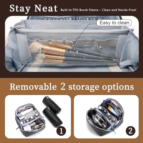 BOYATU Travel Makeup Bag Cosmetic Bags for Women: 3 Pcs Set Large Capacity Make up Bag with Handle - Waterproof Vegan Leather Toiletry Bags Travel Essentials with Compartments(C-2-Black) - color: C-2-Black