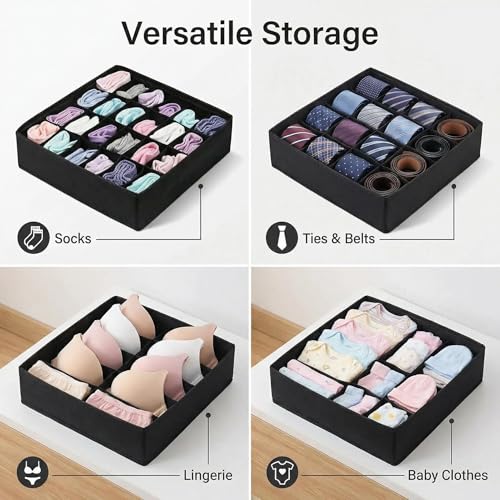 Sock Drawer Organizer Divider, 24 Cell Foldable Closet Underwear Storage Boxes, Fabric Dresser Drawer Dividers for Clothes, Socks, Lingerie, Ties, Belts, Baby Clothing - Black