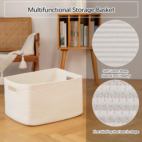 OIAHOMY XXLarge Rectangle Blanket Basket-96L, Cotton Woven Basket for Storage, Dirty Clothes Basket for Living Room, Nursery, Bedroom, Toy Organizing with Handle, 24" x 16" x 15", White - color: White, size: 24”x16”x15”