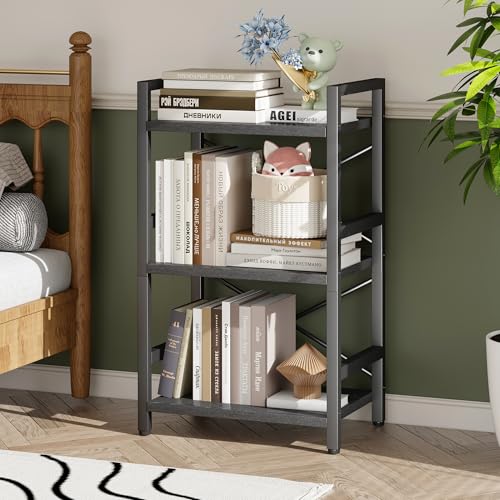 Homeiju Bookshelf, 3 Tier Industrial Bookcase, Metal Small Bookcase, Rustic Etagere Book Shelf Storage Organizer for Living Room, Bedroom, and Home Office(Black) Patent Pending D29873033 - color: Black, size: 3 Tier