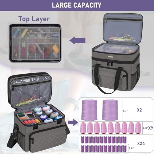 Sewing Storage Bag with Removable Tray Large Capacity Sewing Aaccessories Organizer Travel Sewing Case with Shoulder Strap Double-Layer Sewing Organizer Bag Grey (Bag Only) - color: Grey