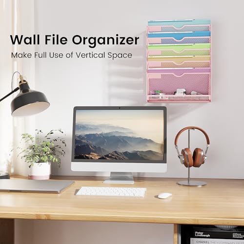 Pink Desk Organizer, Hanging Wall File Organizer with 6 Tiers, Metal Mesh Magazine & Mail Holder for Office Desk, Wall Mount Document Organizer for Home Decor - color: Pink-1pack