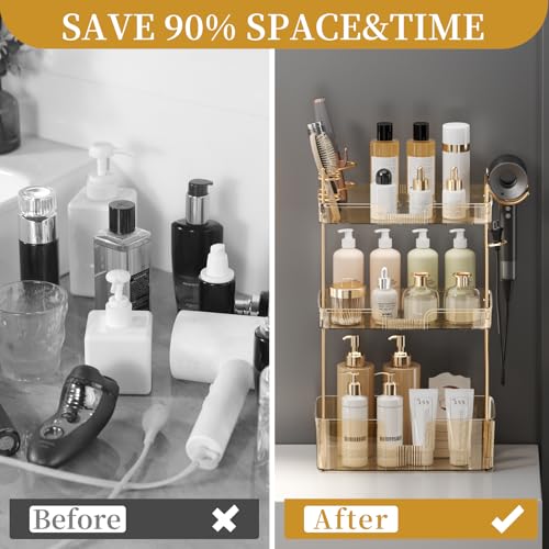Bathroom Counter Organizer for Vanity, Makeup Organizer Countertop with Holder, Large Capacity Storage Rack, Perfect Large Skincare, Hair Care, Perfume, Easy to Install (Gold, 3Tiers) - color: Amber, size: 3 Tiers