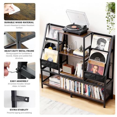 Uieke Large Record Player Stand, Record Holder with Vinyl Record Storage Holds up to 500+ Albums, Media Table with Vinyl Display Shelf & Turntable Stand for Living Room, Bedroom - size: 47.2"L x 11.8"W x 42.2"H