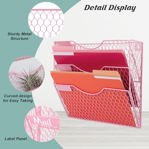 EASEPRES Mail Organizer Wall Mount Hanging File Holder Storage, Metal Chicken Wire Magazine Rack 3 Tier, Pink - color: Pink, size: 3 Tier