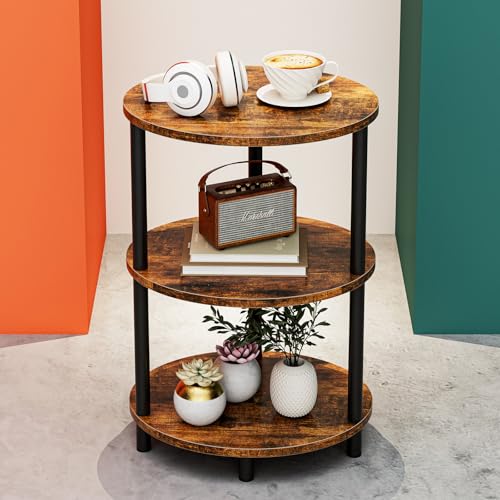 Round Small Side Table - 3 Tier Oval Accent Table for Small Spaces, Rustic Wood and Metal Couch End Table, Nightstand for Bedroom or End Table Living Room, Easy to Assemble, Rustic Brown - color: Rustic Brown, size: 1-Pack, style: Without Power Outlets