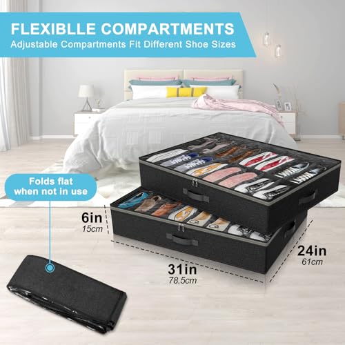 Under Bed Shoe Storage Organizer for Closet, 32 Pairs Sturdy Underbed Shoe Storage Boxes Bins Container Foldable Shoes Storage with Reinforced Handles & Clear Window for College Dorms Black, Set of 2 - color: Black