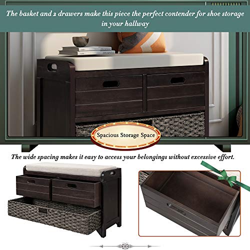 Fully Assembled Solid Acacia Wood Storage Bench - Shoe Organizer with 2 Drawers, Removable Basket & Padded Cushion, Rustic Entryway Bench (Espresso) - color: Espresso
