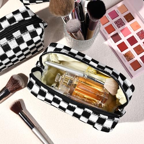SOIDRAM 2 Pack Checkered Makeup Bag for Women, Cute Makeup Pouch Small Makeup Bag Travel Cosmetic Organizer for Toiletries, Brushes & Skincare - color: Black, size: 2 Pack