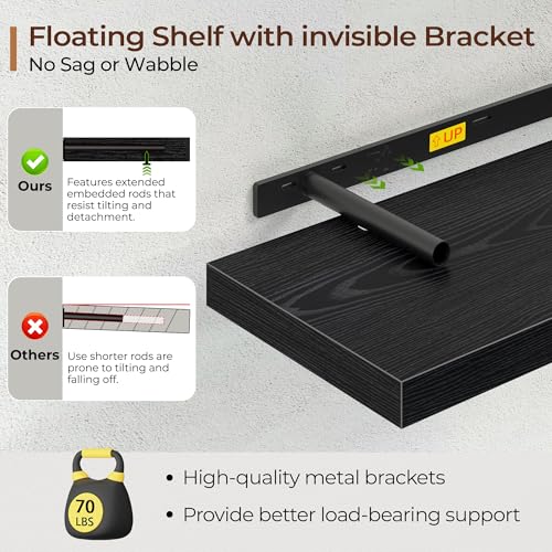 Fun Memories Floating Shelves for Wall 16 Inch Set of 3, Farmhouse Floating Shelf with Invisible Heavy Duty Bracket, 10 Inch Deep Bathroom Shelves for Storage, Living Room, Kitchen, Decor, Black - color: Black, size: 16"W x 10"D - 3P