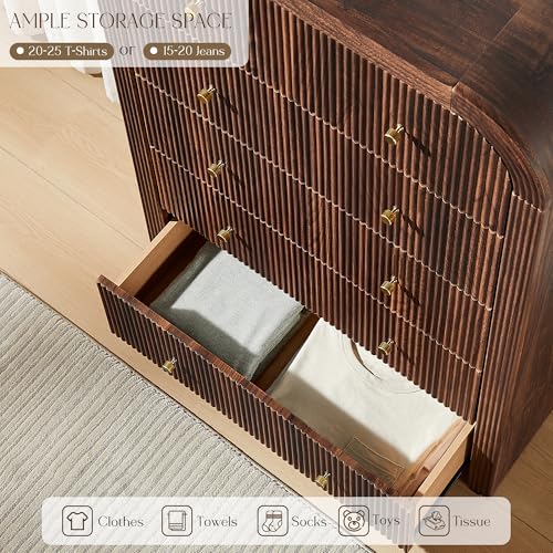 T4TREAM Fluted 5 Drawers Dresser, 48" Tall Modern Chest of Drawers with Thickened Curved Profile Design, Wood Closet Clothes Storage Organizer for Bedroom, Living Room, Hallway, Dark Walnut - color: Dark Walnut, size: 15.7"D x 31.5"W x 47.6"H (5 Drawers)