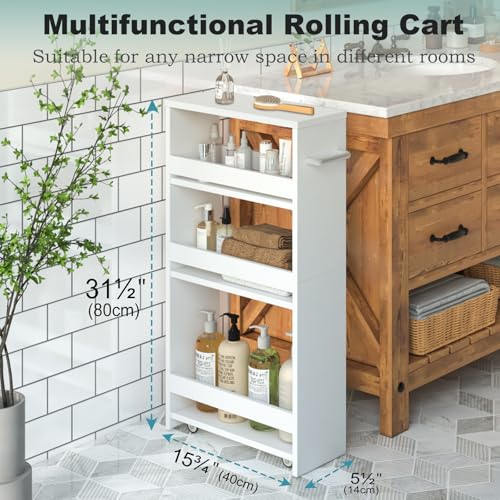 MARTY White Slim Storage Cart with Wheels, 4 Tier Rolling Utility Cart with Handle Slide Out Shelving Unit Organizer Trolley for Laundry Kitchen Bathroom Narrow Places Small Corner - color: All White, size: 5.51"D x 15.75"W x 31.5"H