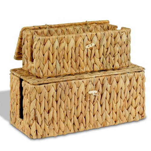 efluky 2 Pack Hand-Woven Cable Management Box with Lid, Water Hyacinth Open Slots Cord Box to Hide USB Wire, Power Strip & Charger for Home & Office and Dorm, Natural - color: Natural