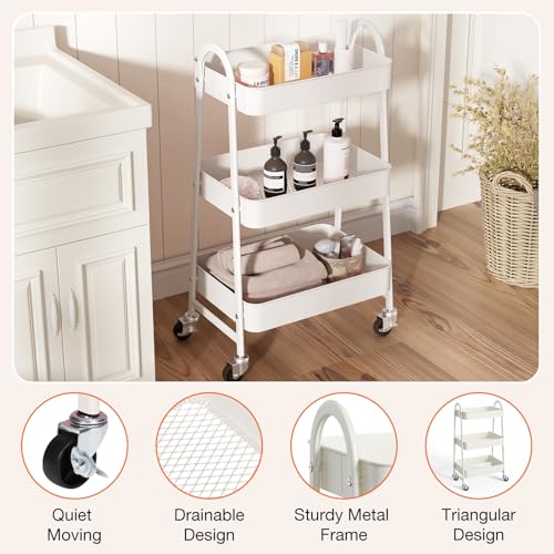 NEWBULIG 3-Tier Rolling Utility Cart with Locking Wheels, Slim Metal Mobile Storage Organizer Shelf for Small Spaces, Bathroom, Living Room, White - color: White, size: 3-Tiers