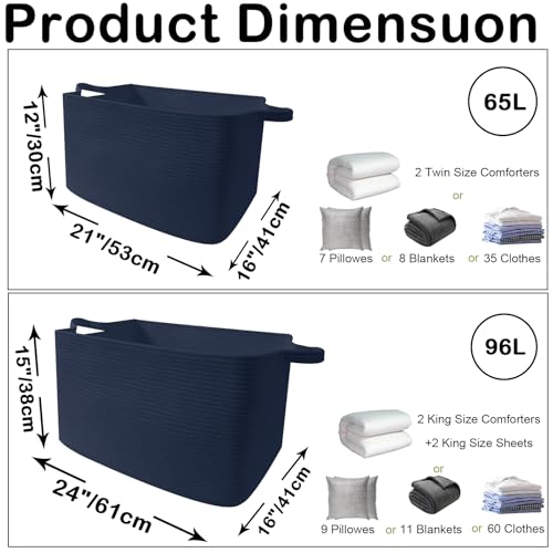 Large Blanket Basket,Woven Rope Basket Storage Bin with Handles,65L Rectangle Laundry Basket for Magazines,Toys,Clothes,Newspaper Shelf Organization,Nursery and Living Room,Navy - color: Navy, size: 21"x16"x12"(65L)