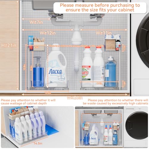 Yieach 2 Pack Under the Sink Organizer for Under Bathroom Sink,14.5″ Deep Sliding Inder Sink Organizer for Kitchen Cupboard,2 Tier Undersink Organizers for Vanity,Under Counter Storage Organization - size: 10.8 In High
