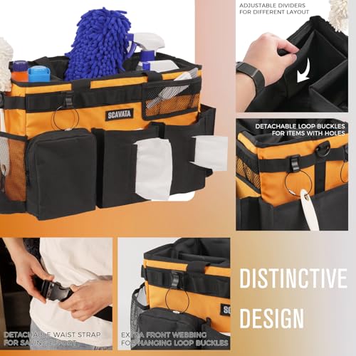 SCAVATA Wearable Cleaning Caddy Bag, Cleaning Caddy Supplies Organizer with Handle & Shoulder Straps for Housekeepers, Under Sink & Car Cleaning Tool Organizers with 4 Foldable Divider (Orange) - color: Orange