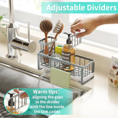 HapiRm Sponge Holder for Kitchen Sink - Self-draining Sink Caddy with Brush and Dishcloth Holders, Stainless Steel Kitchen Organizer for Countertop - Grey - color: Gray, size: with Dishcloth Holder