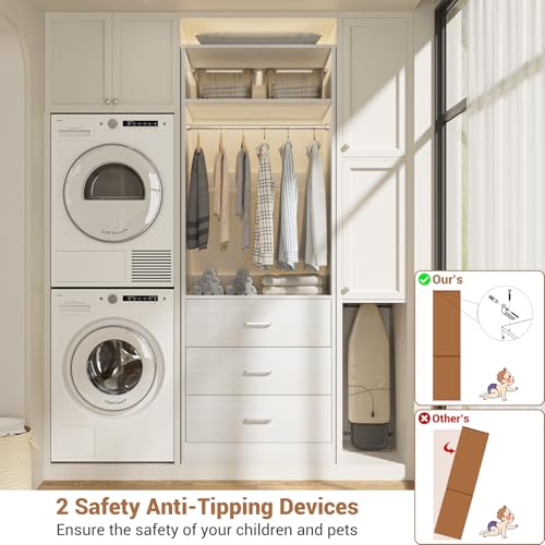 Besiost Closet System Set of 4, 8FT Closet Systems with 12 Wood Drawers, 96" Closet Organizer System with 4 Hanging Rods & 4 Shelves, Heavy Duty 96 Inch Walk-in Closet, White (96"L x 15" W x 80" H) - color: White, size: 8FT