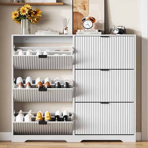 HUANLEGO Shoe Cabinet Storage for Entryway with 6 Flip Drawers, White Fluted Shoe Cabinet with Adjustable Shelves, Wooden Hidden Shoe Rack Freestanding Narrow Slim Shoes Storage for Hallway, Entrance - color: White, size: 6 Drawer