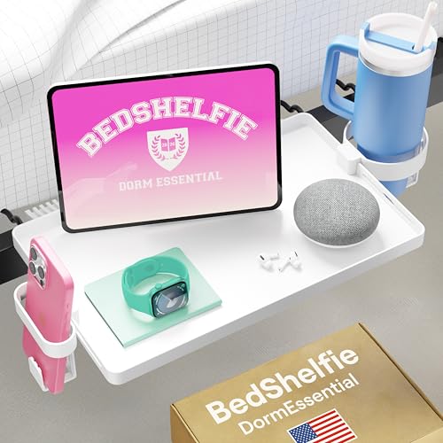 BedShelfie Bedside Shelf for Dorm Room Bunk Bed & Top Bunk, College Dorm Room Essentials, Bedside Caddy, Clip on Floating Tray, Bed Side Table Storage, Loft Nightstand Decor - Dorm Essential, White - color: White, size: DormEssential (15.1 x 10.5 inches)