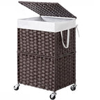 Chrislley 90L Slim Laundry Hamper with Wheels, Rolling Laundry Basket with Lid and Renovable Liner Bag, Handwoven Rattan Organizer for bedroom, bathroom, laundry room (Brown) - color: Brown