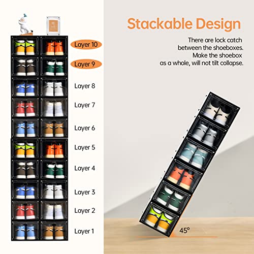 Amllas 12 Pack Shoe Boxes Stackable,Upgraded Sturdy Shoe Storage Boxes with Clear Magnetic Door,Multifunctional Sneaker Storage, Shoe Box Organizer Fit up to US Size 12 Gray(13.8”x 9.84”x 7.1”) - color: Black, size: 12 Pack